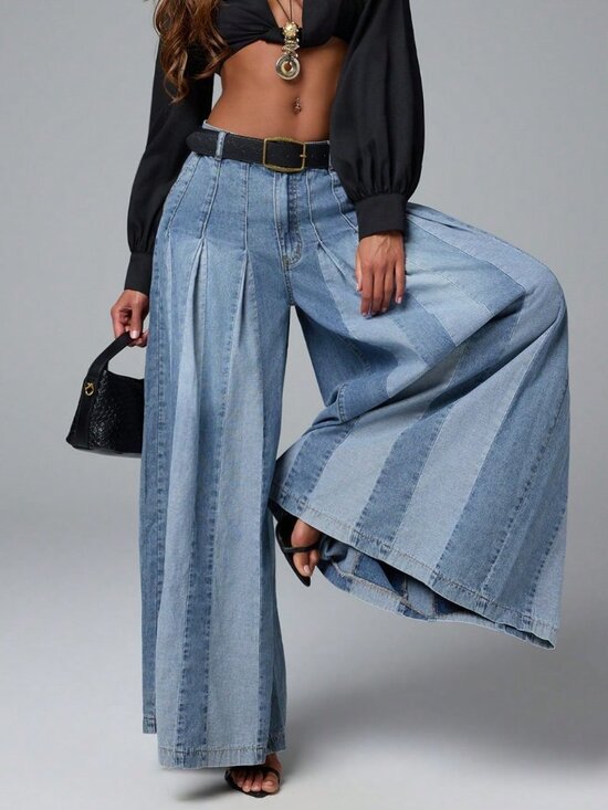 Denim - Medium Wash Casual Women's Two Tone Denim Wide Leg Flowy Baggy Jeans